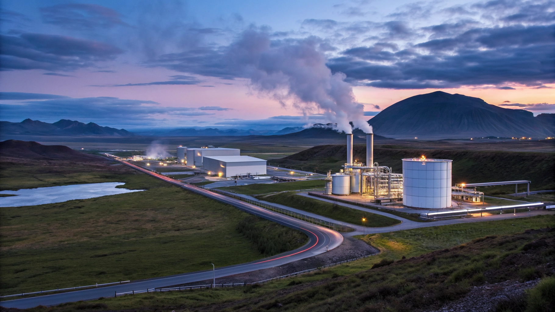Professional landscape showing geothermal energy infrastructure at dusk, premium aesthetic.